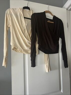 Wrap-Front Long-Sleeve Top - Cream and brown NEW